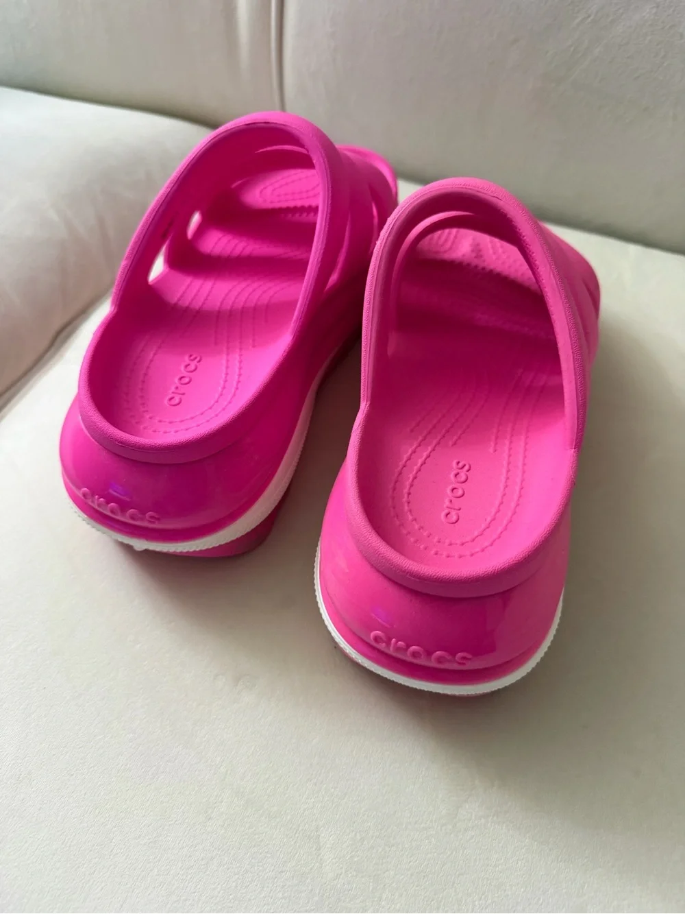 CROCS Unisex Triple-Strap Platform Slides in Bright Pink with White Accent